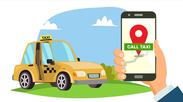 Order Taxi App Vector. Hand Holding Smartphone. Call A Taxi Mobile Concept. Application For Ordering Taxi. Flat Illustration — Stock Vector