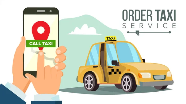 Booking Taxi Via Mobile App Vector. Hand Holding Smartphone. Taxi Ordering Service. Online Mobile Taxi Order. Call By Phone. Flat Illustration — Stock Vector