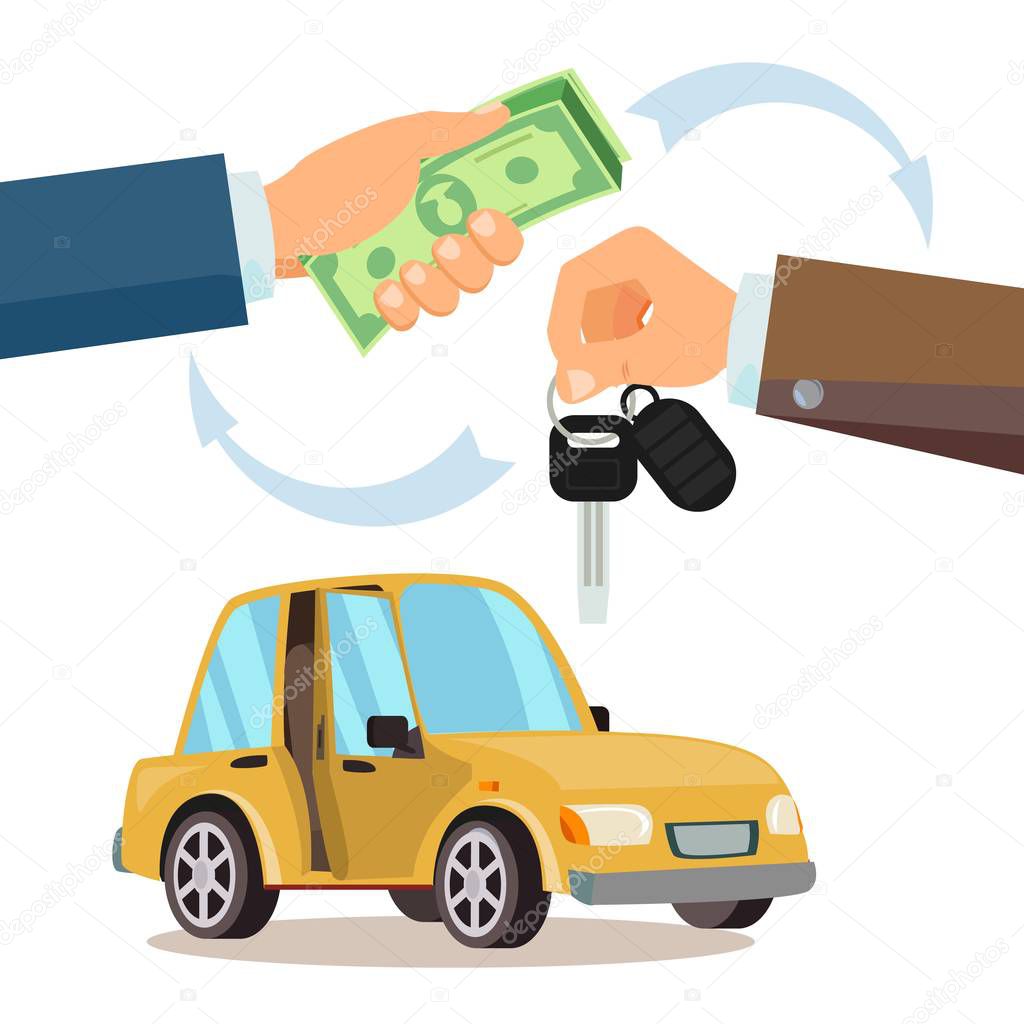 Buying A Car Vector. Dealer, Buyer Hand. Car Showroom. Flat Illustration