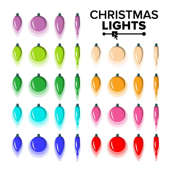 Bolbos de Natal Set Vector. Coleção de luz colorida plana. Várias formas. Isolado em fundo branco Ilustração —  Vetores de Stock