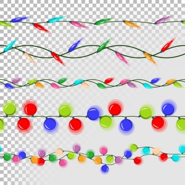 Noel ışıkları süslemeleri vektör. Düz Işıklar ayarla. Mini Yılbaşı ışıkları dizeleri. Saydam arka plan illüstrasyon izole