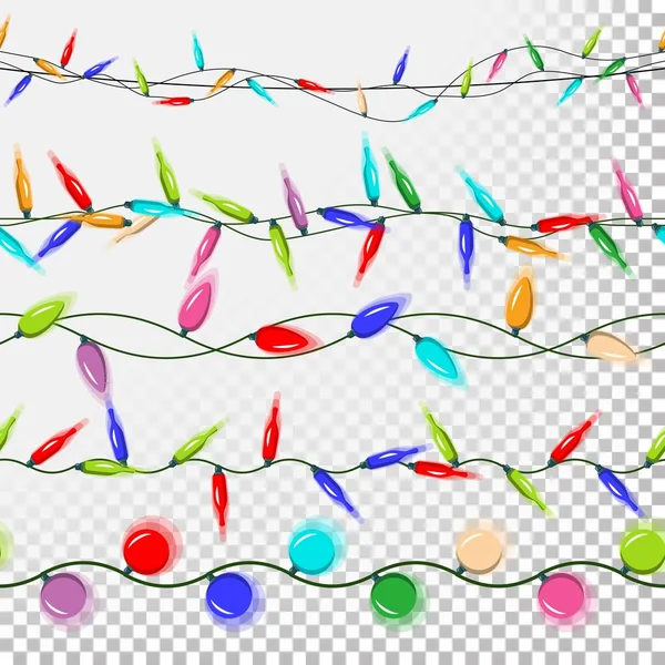 Luzes de Natal coloridas guirlandas vetor. Coleção de lâmpadas planas. Vários comprimentos. Isolado em fundo transparente Ilustração —  Vetores de Stock