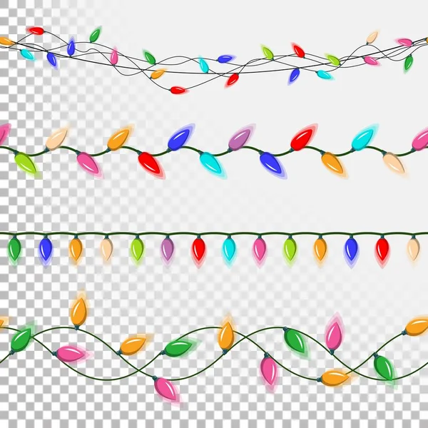 Vector de cuerda de luces navideñas. Guirnaldas planas, decoraciones para fiestas navideñas. Decoraciones festivas. Aislado sobre fondo transparente Ilustración — Archivo Imágenes Vectoriales