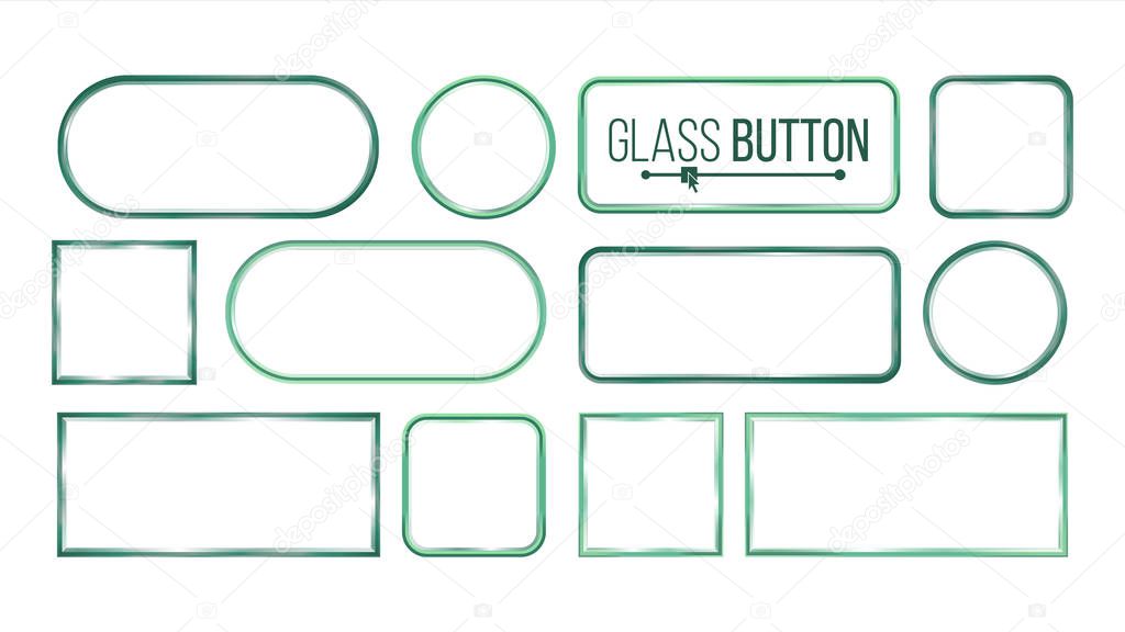 Glass Buttons, Frames Vector. Square, Round, Rectangular. Glass Plates Elements. Realistic Plates. Plastic Banners. Isolated On White Background Illustration