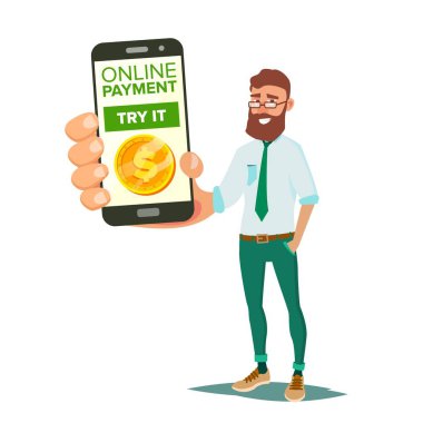 Online mobil ödeme vektör. Akıllı telefon ödemeleri uygulaması ile gösterilen gülümseyen iş adamı. Ticaret kavramı. Kablosuz para transferi. Düz çizgi film illüstrasyon izole