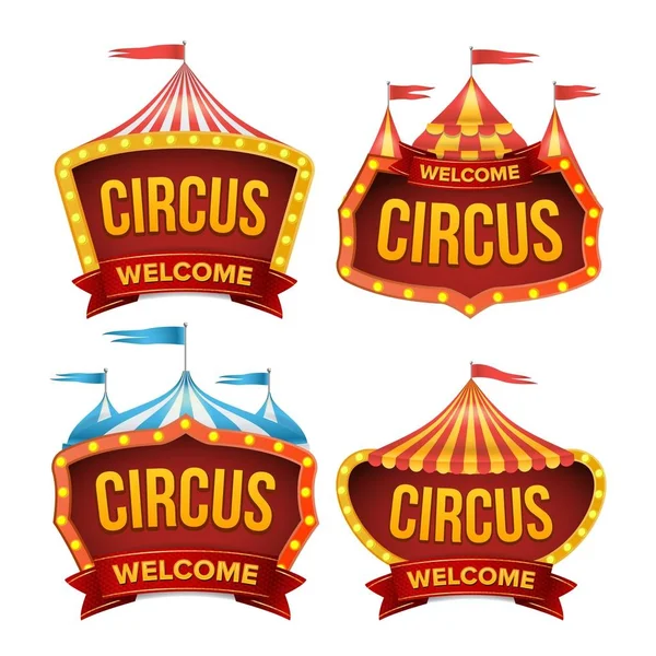 Circus Sign Set Vector. Segno di Carnevale Notturno. Circus Tent Poster. Cornice lampadina Carnevale. Illustrazione isolata piatta — Vettoriale Stock