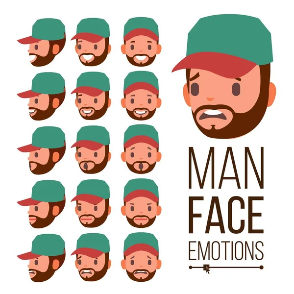 Man Emotions Vector. Visage Variété masculine d'émotions. Différentes expressions faciales. Illustration de dessin animé plat isolé — Image vectorielle