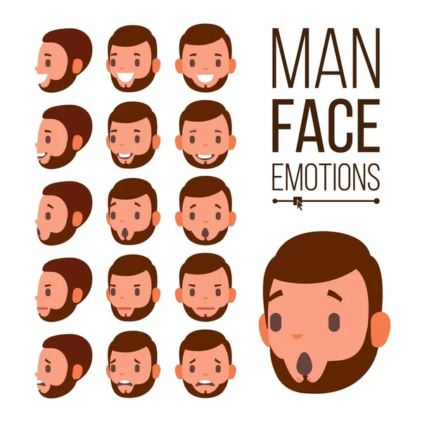 Man Emotions Vector. Jeunes portraits de visage masculin. Tristesse, colère, rage, surprise, choc. Illustration de dessin animé plat isolé — Image vectorielle