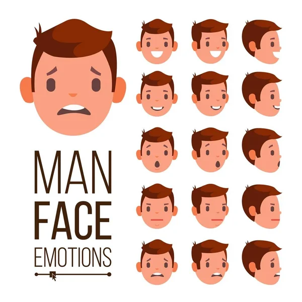 Man Emotions Vector. Ensemble d'expressions Avatar de visage masculin différent. Set émotionnel pour l'animation. Illustration de dessin animé plat isolé — Image vectorielle