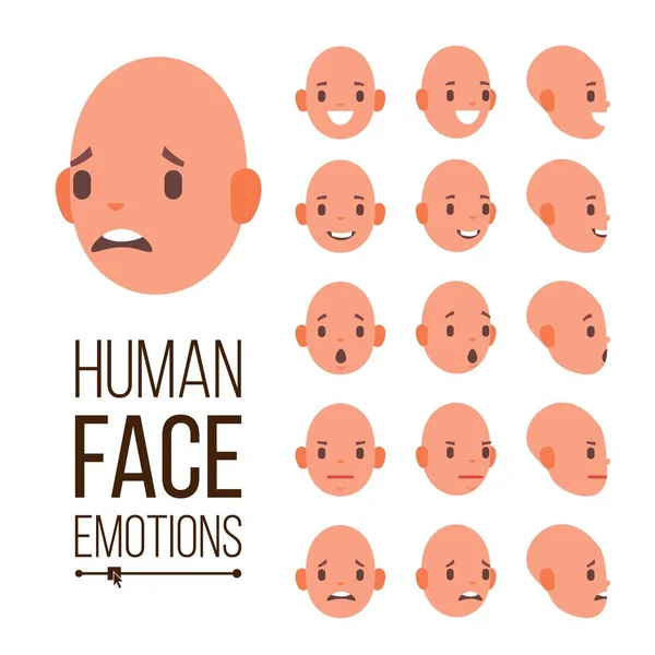 Vecteur d'émotions humaines. Visage Souriant, Colère, Surpris, Rire, Sérieux. Variety Emotions Concept. Mignon, Joie, Rire, Douleur. Illustration de dessin animé plat isolé — Image vectorielle