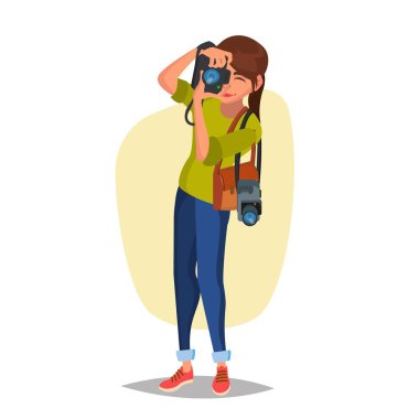 Kadın fotoğrafçı vektör. Studio fotoğraf. Profesyonel fotoğraf çekmek. Düz çizgi film illüstrasyon