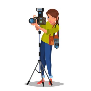 Genç kadın fotoğrafçı vektör. Bir fotoğraf çekmek. Fotoğrafik donanımlar. Bir kamera tutarak. Beyaz çizgi film karakteri illüstrasyon izole
