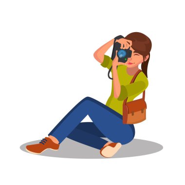 Fotoğrafçı kız vektör. Fotoğraf kamera. Muhabir, gazeteci, Blogger, Paparazzi. Çizgi film karakteri illüstrasyon