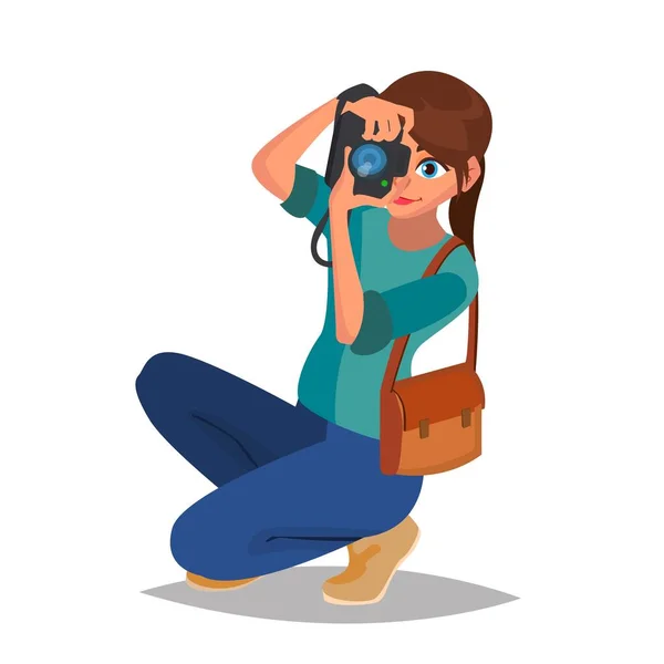 Fotógrafo Mulher Vector. Equipamento fotográfico. Câmera. Fotografia de estúdio. Ilustração de Personagem de Desenhos Animados Planos Isolados —  Vetores de Stock