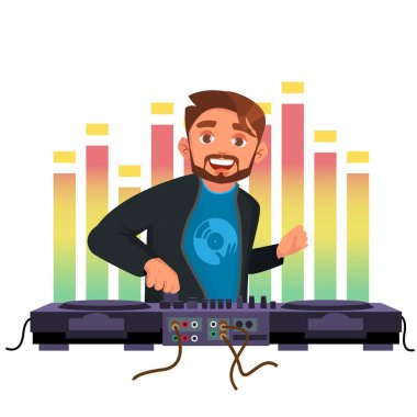 DJ vektör. Disco House müzik çalma. Şık adam kulaklıklar. Konser kavramı. Düz çizgi film karakteri illüstrasyon izole