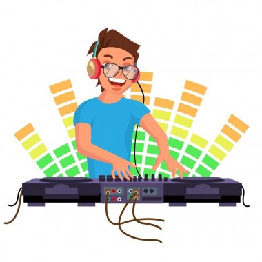 Professional Dj Vector. Playing Disco House Music. Mixing Music On Turntables. Party Dance Concept. Isolated On White Cartoon Character Illustration clipart