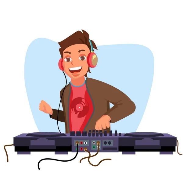 Il moderno DJ Vector. Suonare musica elettronica progressiva. DJ e Mixing Console. Il concetto del Night Club. Illustrazione del fumetto piatto — Vettoriale Stock