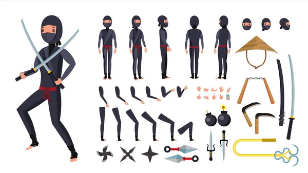 Ninja Vector. Animated Character Creation Set. Ninja Tools Set. Full Length, Front, Side, Back View, Accessories, Poses, Face Emotions, Gestures. Isolated Flat Cartoon Illustration — Stock Vector