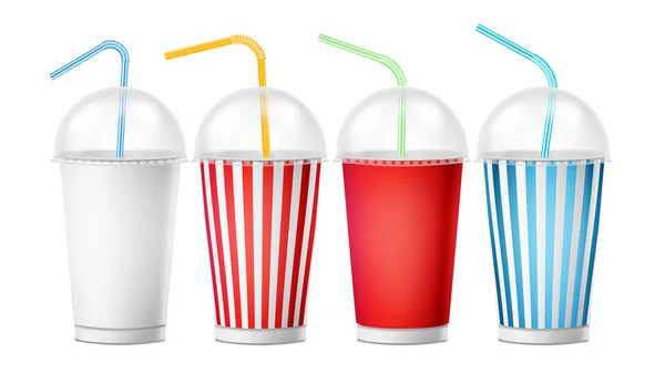 Vettore modello tazza di soda. Set di tazze monouso in carta realistica 3d per bevande con paglia da bere. Isolato su sfondo bianco. Illustrazione dell'imballaggio — Vettoriale Stock