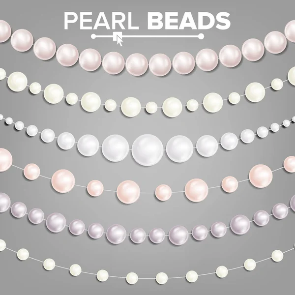 Pearl Beads Set Vector. 3D Realistic Shiny White Garlands. Necklace Jewelry. Wedding, Christmas Decoration. Illustration — Stock Vector