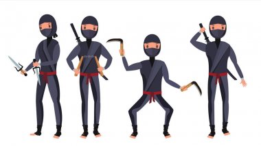 Ninja vektör ayarlayın. Samuray karakteri. Saldıran, hareketli, atlama, tekme. Beyaz arka plan düz çizgi film illüstrasyon izole