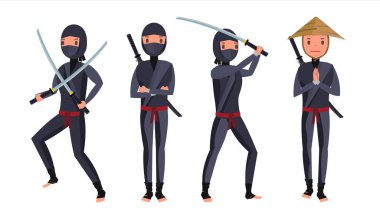 Klasik Ninja vektör. Maskeli savaşçı samuray. İllüstrasyon izole karikatür