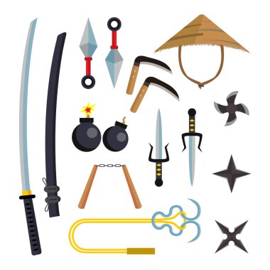 Ninja silah vektör ayarlayın. Suikastçı aksesuarları. Yıldız, kılıç, Sai, Nunchaku. Fırlatma Bıçaklar, Katana, Shuriken. Düz çizgi film illüstrasyon izole