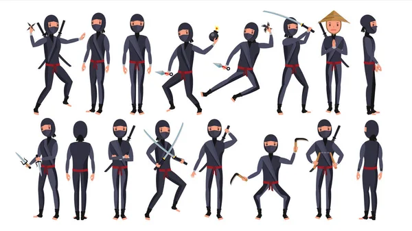 Ninja karaktär vektor. Tecknad rolig krigare. Olika poser. Isolerad på vit bakgrund platt tecknad Illustration — Stock vektor