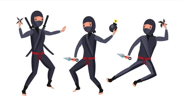 Ninja Krieger Vektor. schwarzer Anzug. zeigt verschiedene Aktionen mit Waffen. isolierte flache Cartoon-Illustration — Stockvektor