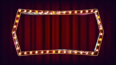 Retro Billboard vektör. Gerçekçi Parlatıcı lamba çerçeve. 3D elektrik parlayan eleman. Vintage altın Neon ışık aydınlatılmış. Karnaval, sirk, Casino tarzı. İllüstrasyon