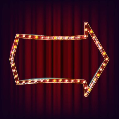 Retro Billboard vektör. Gerçekçi Parlatıcı lamba çerçeve. 3D elektrik parlayan eleman. Vintage altın Neon ışık aydınlatılmış. İllüstrasyon