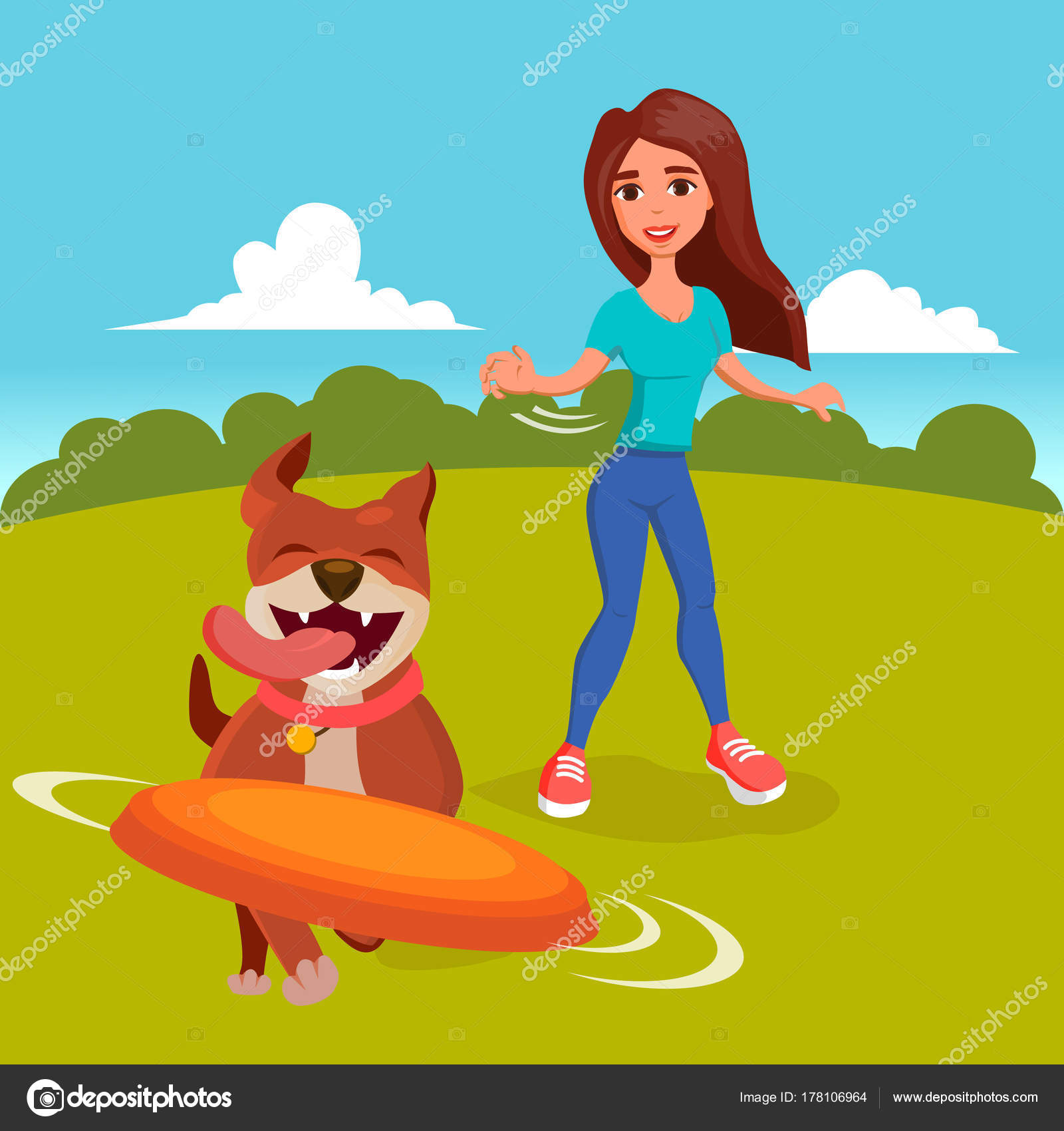 Dog Walker Walking With Go For A Flat Cartoon