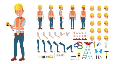 Elektrikçi vektör. Animasyonlu karakter oluşturma küme. Elektronik alet ve ekipmanlar. Tam uzunluk, ön, yan, arkadan görünüm, aksesuarlar, pozlar, yüz duygu, jestler. Düz çizgi film illüstrasyon izole