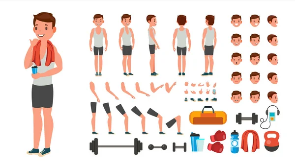 Homem de Fitness Vector. Conjunto de Criação de Personagens de Atleta Animado. Comprimento completo, Frente, Lado, Visão traseira, Acessórios, Poses, Emoções faciais, Vários penteados, Gestos. Ilustração plana isolada dos desenhos animados —  Vetores de Stock