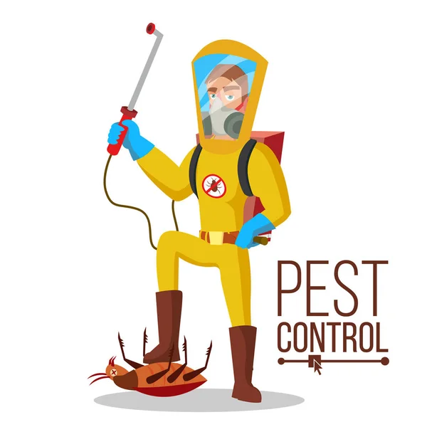 Pest Control Service Vector. Sanitaire voorzieningen, schoner wassen. Verwijdering van de pest. Verdelger van insecten. Platte Cartoon afbeelding — Stockvector