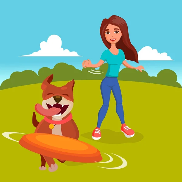 Dog Walker Vector. Walking With Pets. Go For A Walk. Flat Cartoon Illustration — Stock Vector