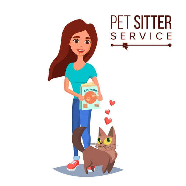 Cat Pet Sitter Vector. Cat Sitter Walking. Pet Taking A Rest. Cartoon Character Illustration — Stock Vector