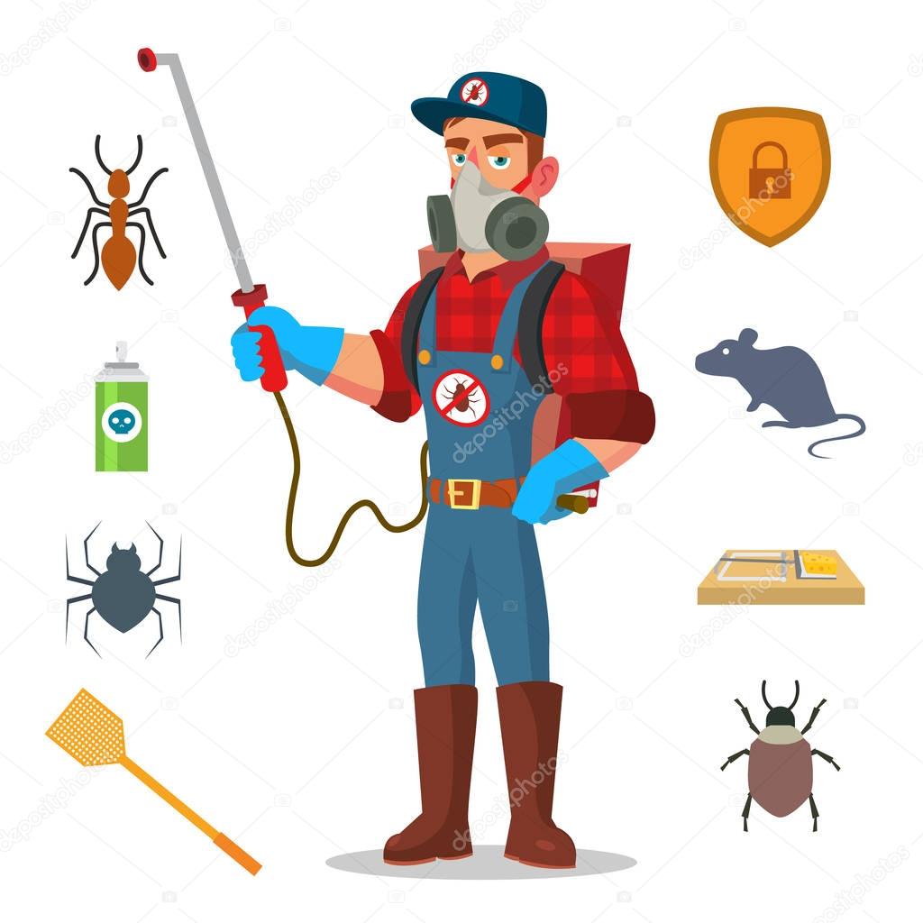 Pest Control Vector. Prevention From Infection, Microbes. Protective Clothes. Anti Germs. Exterminator. Spraying Pesticide. Isolated Flat Cartoon Character Illustration