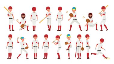 Profesyonel beyzbol oyuncusu vektör. Güçlü vuruş. Dinamik eylem stadyum. Beyaz çizgi film karakteri illüstrasyon izole