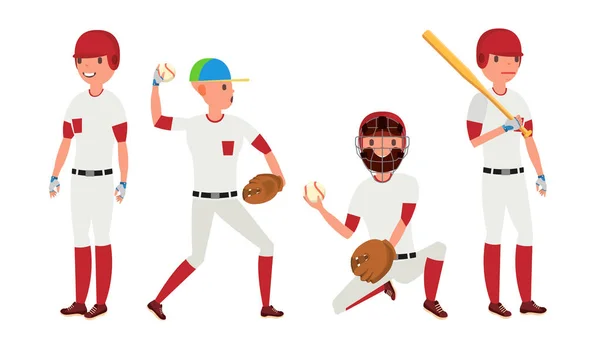 Sport Baseball Player Vector. Classic Uniform. Player Pitching On Field. Dynamic Action On The Stadium. Cartoon Character Illustration — Stock Vector