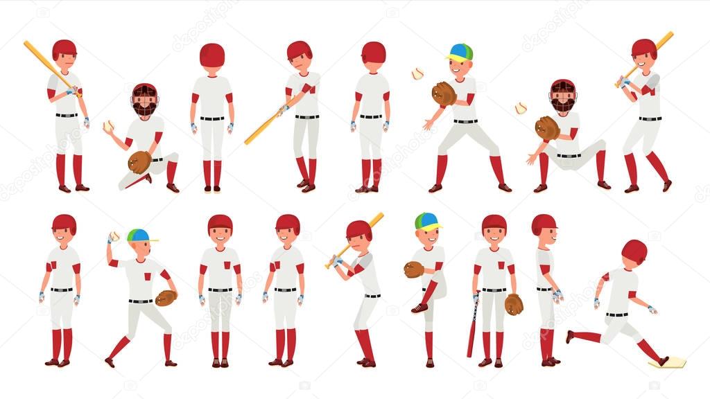 Professional Baseball Player Vector. Powerful Hitter. Dynamic Action On The Stadium. Isolated On White Cartoon Character Illustration