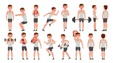 Fitness adam vektör. Farklı pozlar. Ağırlık çalışması. Erkek egzersiz. Man figürleri Spor Kulübü eğitim. Beyaz çizgi film karakteri illüstrasyon izole
