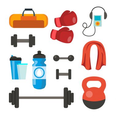 Fitness simgeler vektör ayarlayın. Spor aksesuarları araçları. Çanta, havlu, ağırlıklar, Bar, oyuncu eldiven boks, halter. Düz çizgi film illüstrasyon izole