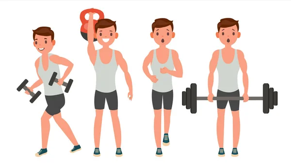 Fitness Man Vector. Different Poses. Work Out. Active Fitness. Flat Cartoon Illustration — Stock Vector