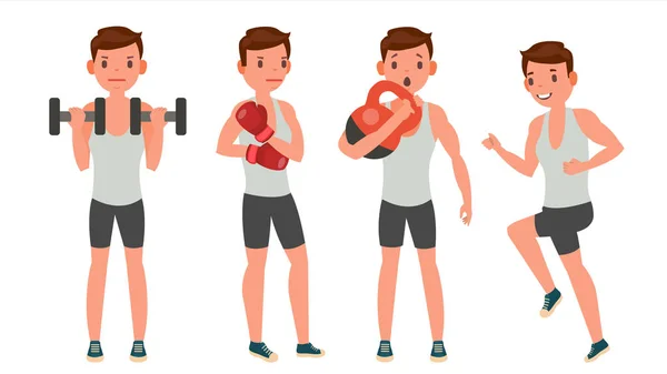 Fitness Man Vector. Different Poses. Work Out. Active Fitness. Flat Cartoon Illustration — Stock Vector