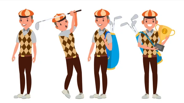 Golfprofi Vektor. Golfspieler männlich. Verschiedene Posen. isoliert auf weißer Zeichentrickfigur Illustration — Stockvektor