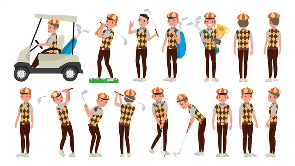 Vector de jugador de golf clásico. Swing Shot On Course. Poses diferentes. Ilustración plana de dibujos animados — Archivo Imágenes Vectoriales