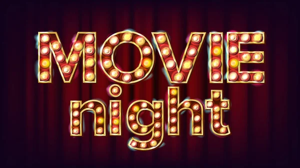 Movie Night Background Vector. Theatre Cinema Golden Illuminated Neon Light. For Theater, Cinematography Advertising Design. Retro Illustration — Stock Vector