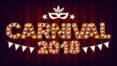 Karnaval arka plan vektör. Karnaval parlayan ışık işareti. Maskeli balo davetiye tasarımı için. Modern illüstrasyon