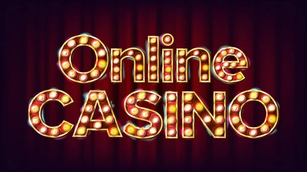 Casino en línea Banner Vector. Casino Vintage Golden Illuminated Neon Light. Ejemplo de riesgo — Archivo Imágenes Vectoriales